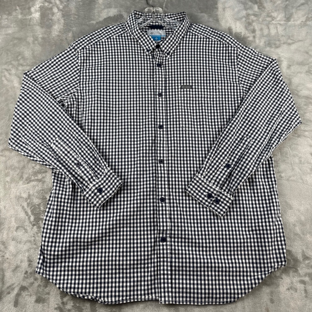 Columbia Shirt Mens XXL Navy White Gingham Button-Down EUC